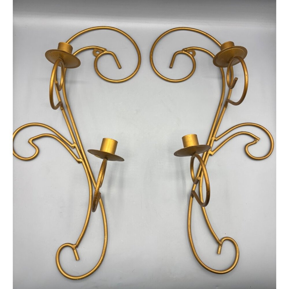 Vtg 2 Gold‎ Metal Wall Double Candle Holders Sconce Hollywood Regency